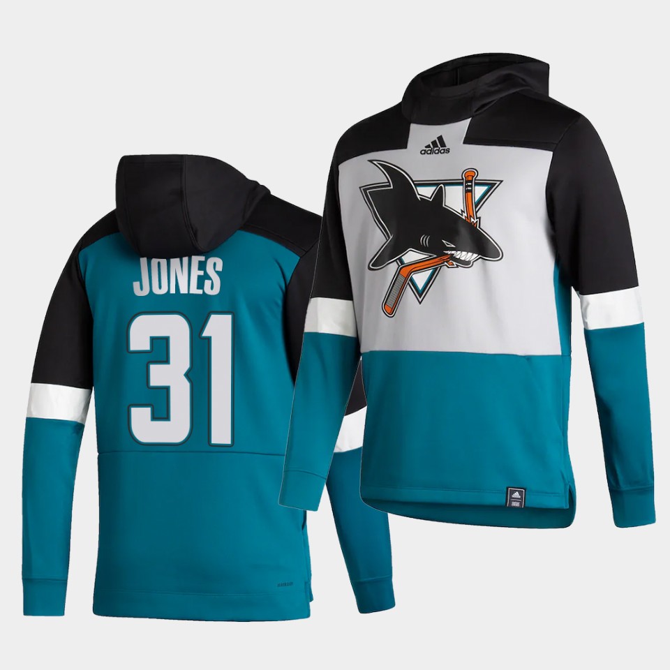 Men San Jose Sharks #31 Jones Blue NHL 2021 Adidas Pullover Hoodie Jersey->customized nhl jersey->Custom Jersey